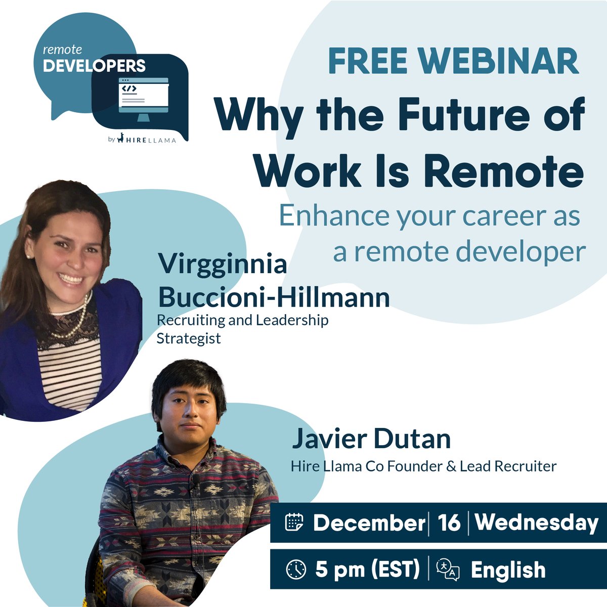 hirellama's tweet photo. This Wednesday Javier Dutan, co-founder of Hire Llama and our guest Virgginnia will be talking about how to take off your career as a developer and will solve any doubt you may have about the recruitment process or about working remotely. Register now: https://t.co/20uzmmMzUW https://t.co/QxukLNs9Ew