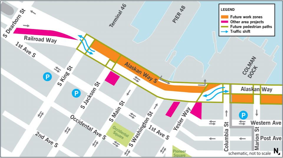 wsferries's tweet photo. Good morning! Traffic on Alaskan Way between S King &amp; Columbia streets (fronting out #Seattlew terminal) was shifted east over the weekend onto a new roadway where the viaduct once stood. Access in &amp; out of #ColmanDock remains unchanged. https://t.co/9aip1eNDqq