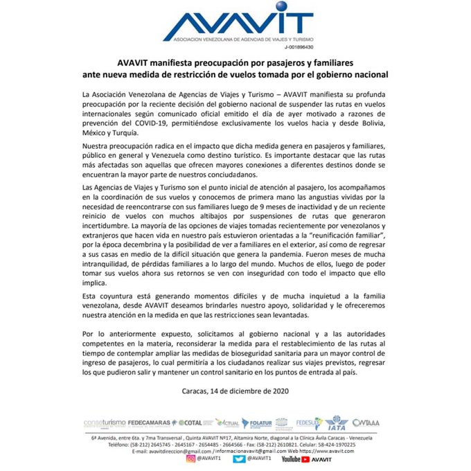 NTN24ve's tweet photo. #Comunicado | Avavit manifestó su preocupación por la suspensión de vuelos internacionales que anunció Nicolás Maduro. Aseguran que esta decisión genera momento de angustias en familias separadas por la pandemia #14Dic https://t.co/4Dha9jUkt4 https://t.co/GZeJOg70Hu