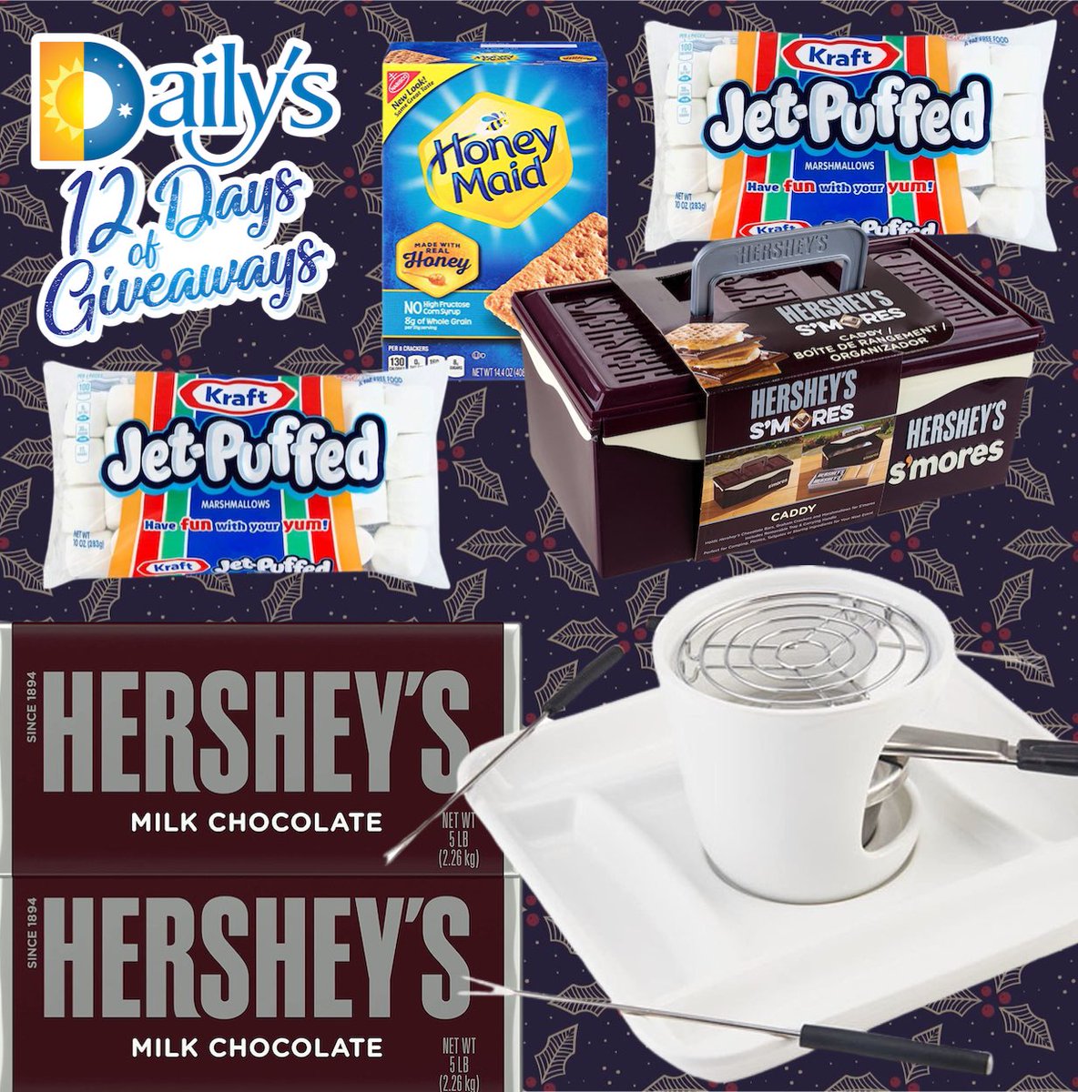 Day 8 of Daily’s 12 Days of Giveaways!🎄Today we’re giving away a <a href="/Hersheys/">HERSHEY'S</a> package. Two 5 Ib. Hershey’s bars, a Hershey’s s’mores caddy, a Chicago Metallic S’mores Maker, marshmallows, &amp; graham crackers.🔥🤩

To enter: 
1. Follow <a href="/dailys_dash/">Daily's</a> 
2. RT

Enter on Insta &amp; FB too.