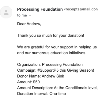 AndrewASink's tweet photo. Just donated! I've learned a LOT from the @ProcessingOrg community (I'm looking at you, @shiffman), and am so grateful that this resource exists for everyone to use.
Kudos to OpenProcessing for matching these donations!
#supportP5 #matchMyDonation @openprocessing https://t.co/ZcCcKZNZ6Y