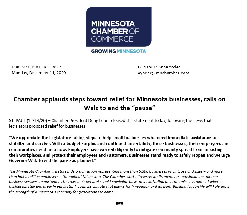 MN_Chamber's tweet photo. NEW: Statement from Chamber President @MCC_DLoon on proposed business relief and reopening businesses:
"Businesses stand ready to safely reopen and we urge @GovTimWalz to end the pause as planned.”
Full statement below.
#MNReady #EndThePause #mnleg https://t.co/VkWmIInlZJ