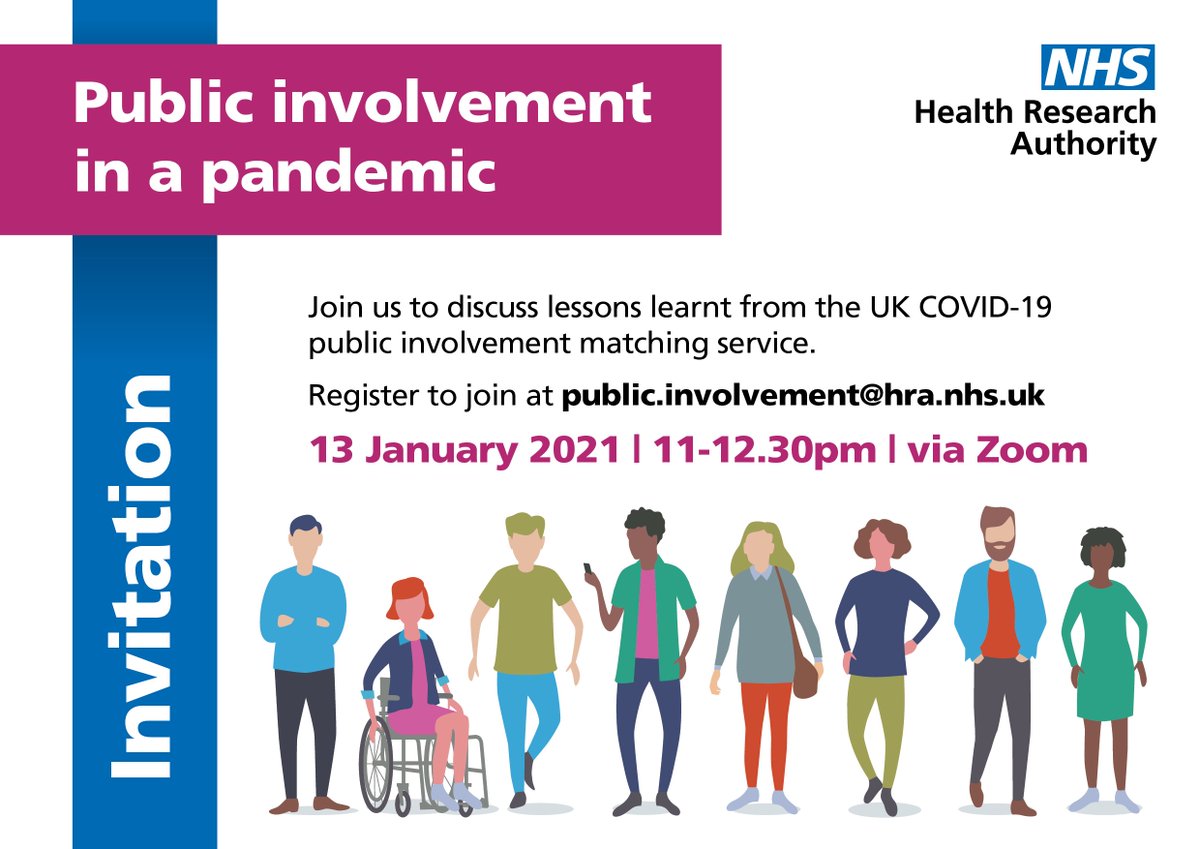 HRA_Latest's tweet photo. What have we learnt about public involvement in a pandemic? 

Join us from 11am-12.30pm on 13 January - we’ll share our findings and hear from people involved in the UK COVID-19 public involvement matching service. 

Register at public.involvement@hra.nhs.uk 📧 https://t.co/WDs6OxZ917