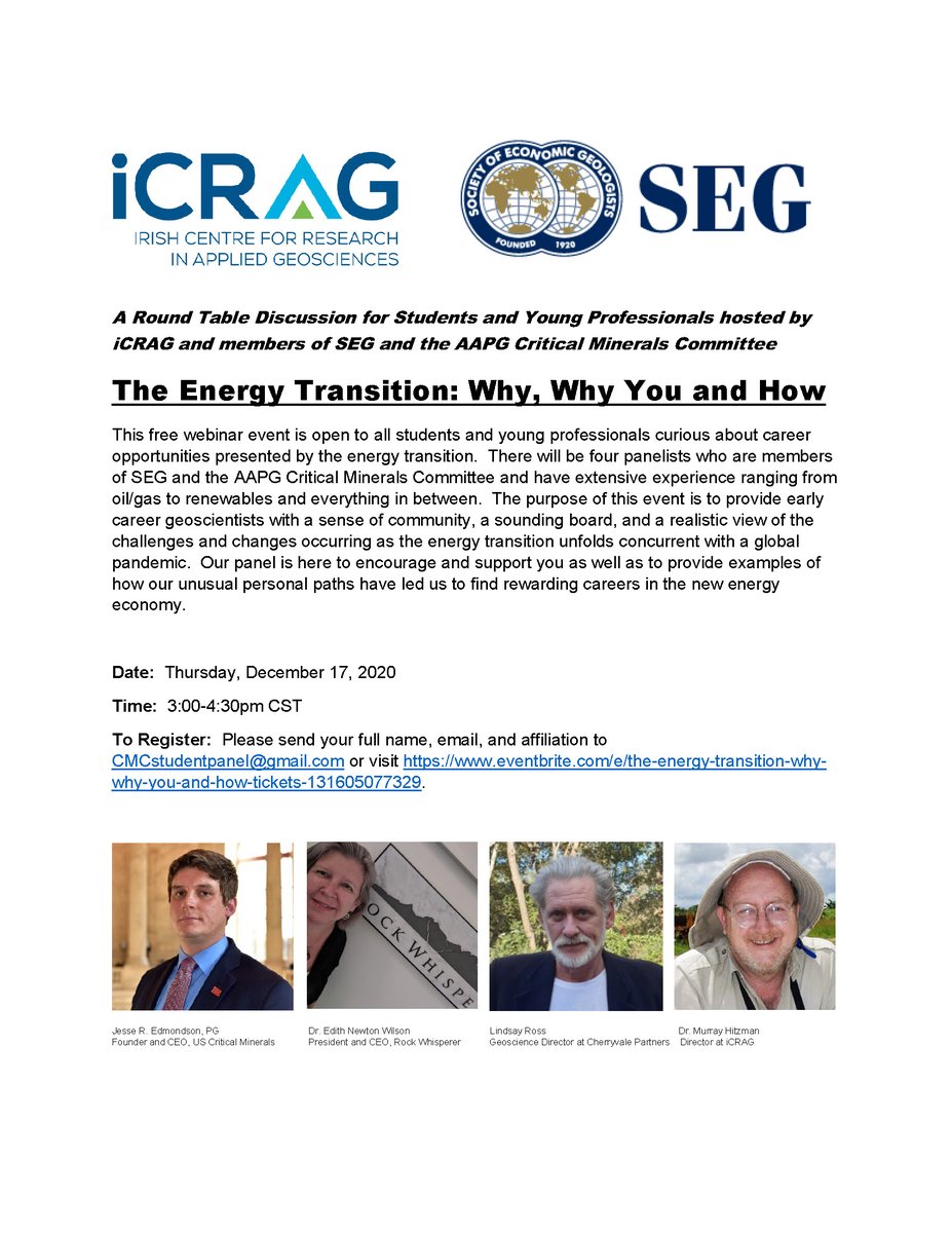<a href="/SocietyEconGeol/">Society of Economic Geologists</a> <a href="/iCRAGcentre/">iCRAG Centre</a> <a href="/AAPG/">AAPG</a> 

This Thursday! Please join us. The event is free and open to the public!

To Register: Please send your full name, email, and affiliation to CMCstudentpanel@gmail.com or visit lnkd.in/g2KfKQN.

#criticalminerals #energytransition