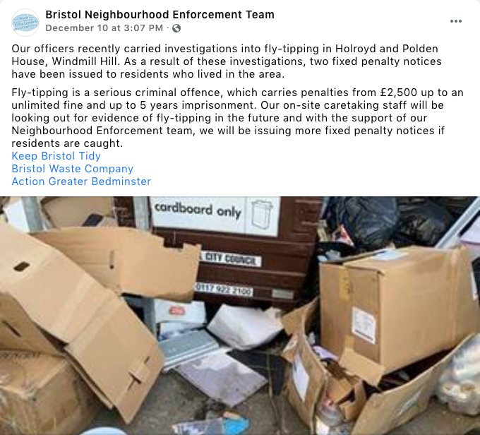 The <a href="/BristolCouncil/">Bristol City Council</a> Neighbourhood Enforcement Team have been investigating fly-tipping in Holroyd and Polden House, Windmill Hill. They report that two fixed penalty notices have been issued to residents in the area. Please report fly-tipping here: bristol.gov.uk/streets-travel…