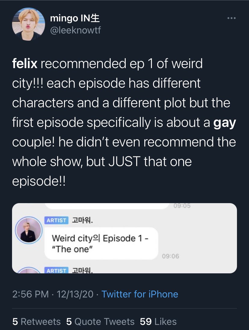 Felix recommending an episode of a show where the main characters are a gay couple 