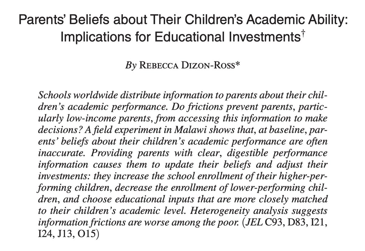  @RDizonRoss (2019) on parents' inaccurate beliefs about own child’s ability is an outstanding paper: Important contributions, careful experimental design, and compelling results. I mean, the graphs are fantastic! The clarity of its narrative and arguments is also exemplary (8/12)