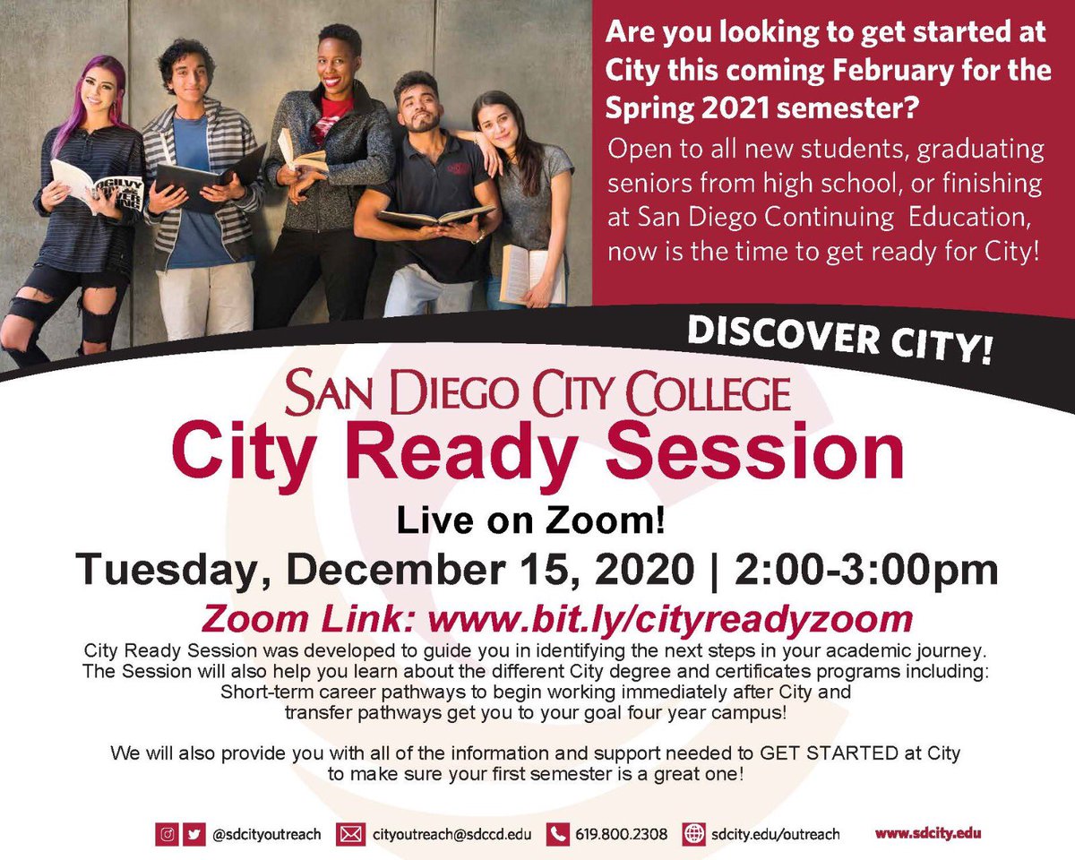 City Ready Session!!

We are very excited that you are considering City College!

During this session we will highlight different educational and career pathways while also learning about our
programs and services along with financial support opportunities to ensure your success.