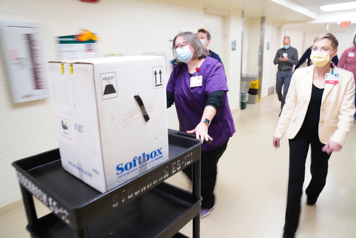 UWHealth's tweet image. Our first doses of the Pfizer COVID-19 vaccine arrived this morning. The first UW Health employees will receive the vaccine this afternoon, following federal and state guidelines to begin vaccinating frontline healthcare workers.