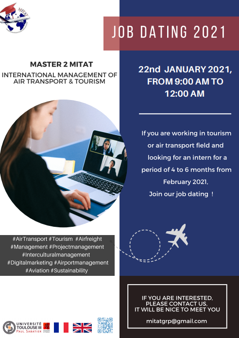 UPS_AMITAT's tweet photo. Nous avons le plaisir de vous inviter à notre #JobDating le 22 Janvier 2021. Nous espérons vous rencontrer!
We're beyond happy to invite you to join our #JobDating on January 22nd, 2021. We're looking forward to hearing from you!
#MITAT #Master2 #Toulouse #UPS3 #Tourism #Aviation https://t.co/8HOZZX5WXs