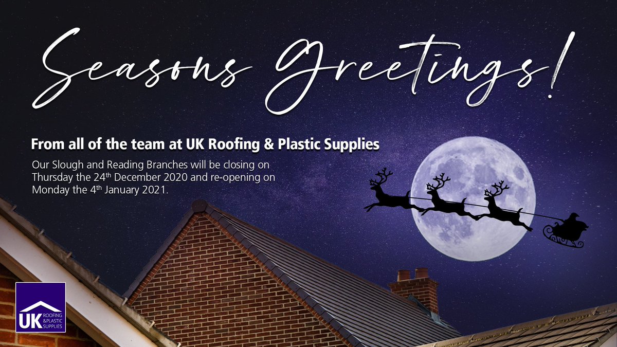 Seasons Greetings from all of the team! Both of our branches will be closing on Thursday 24th December and re-opening on Monday 4th January 2021. Wishing you all a safe and happy Holiday season👍🏼
#UKRoofing #Roofing
