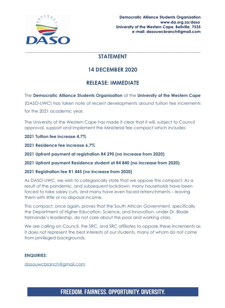 DASOUWC's tweet photo. STATEMENT
14 DECEMBER 2020
RELEASE: IMMEDIATE

@UWConline @DrBladeNzimande @HigherEduGovZA @kingchantel39 https://t.co/TSMoE58OV9