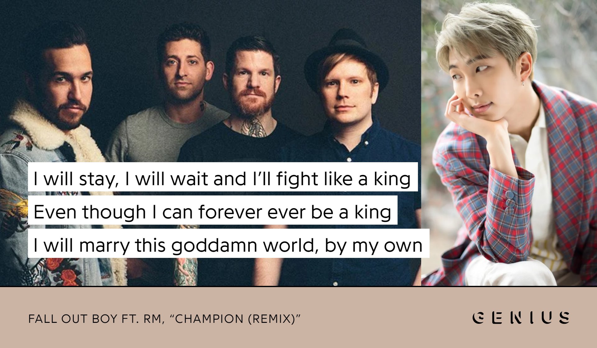 Halvtreds Sørge over Slibende Genius Korea on Twitter: "3 years ago, Fall Out Boy collaborated with RM,  to remix their summer single “Champion"! The song was co-written by Pete  Wentz, Patrick Stump, Sia & had 2