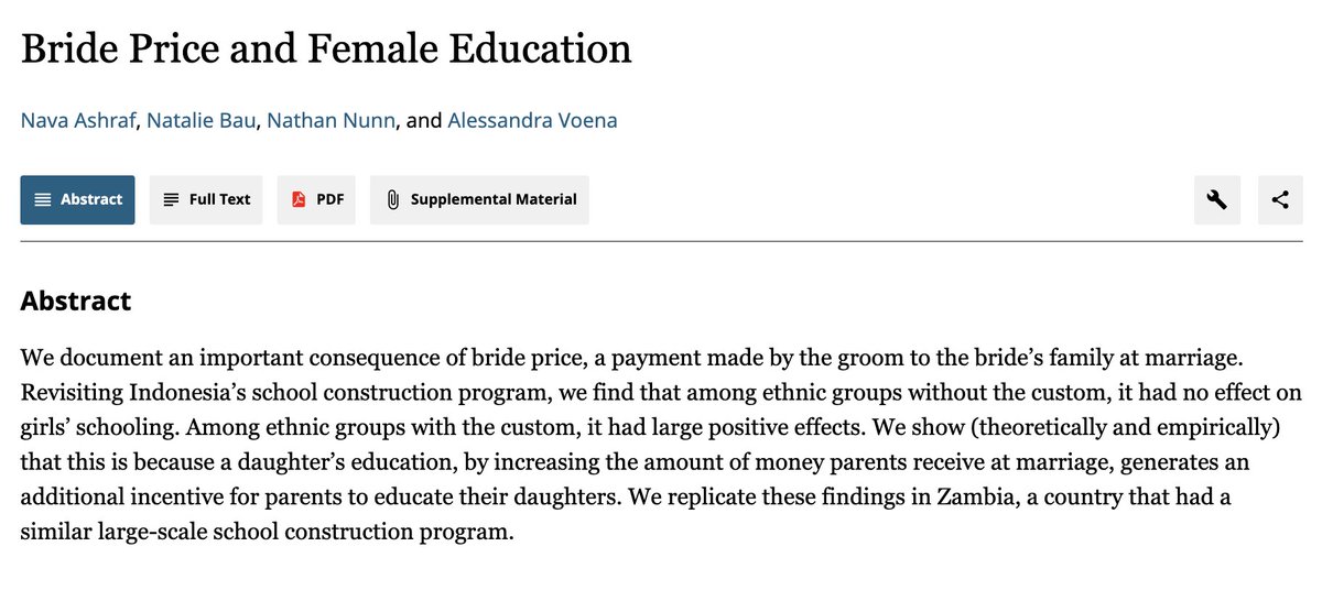  @profnavaashraf,  @BauNatalie,  @DrNathanNunn,  @AlesVoena (2020) is excellent to highlight that the effects on educational investments may vary by the practice of local customs, like the bride price. The model clarifies the non-obvious channels for this heterogeneity. (12/12)