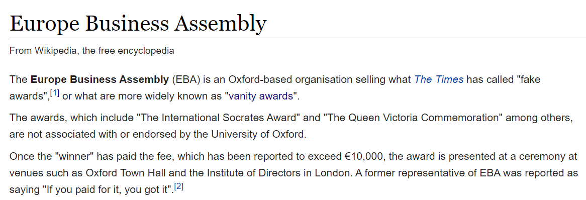 USIM dan UniMAP pun beli anugerah palsu daripada Europe Business Assembly juga?