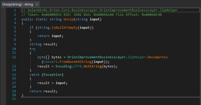 This gist emulates the ZipHelper class method Unzip() which base64 decodes then calls Decompress().  https://gist.github.com/KyleHanslovan/8e81c2faba42bc8108cdd996ac8d860a