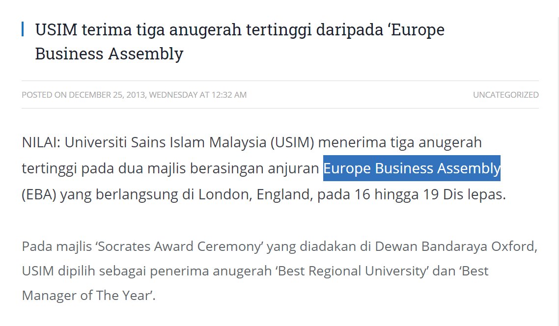 USIM dan UniMAP pun beli anugerah palsu daripada Europe Business Assembly juga?