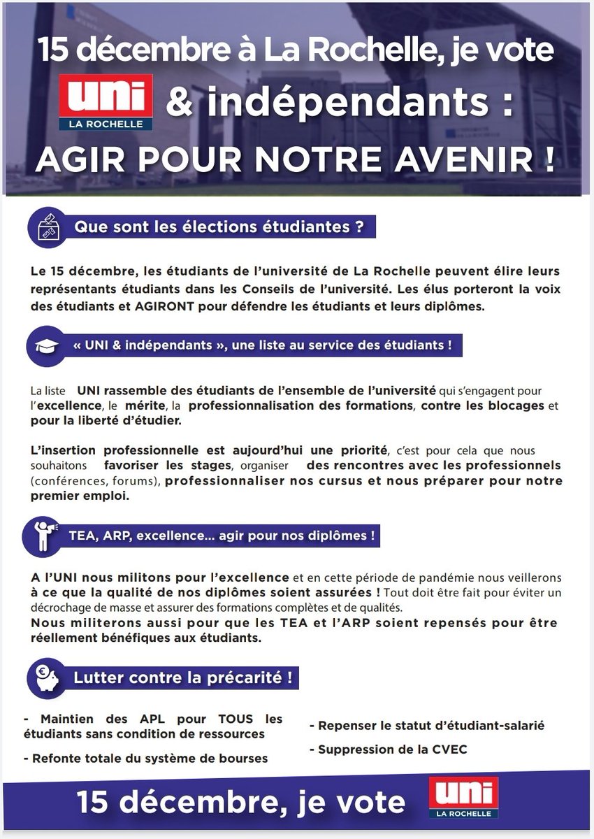 unilarochelle's tweet photo. 🗳 Élection à l'université de La Rochelle du 15 décembre 9h au 16 décembre 9h 🗳

🔴 Dès demain, je vote pour la liste "UNI et indépendants : agir notre pour l’avenir !” 

Voici notre programme ⤵️ https://t.co/XtIhcZmS6V