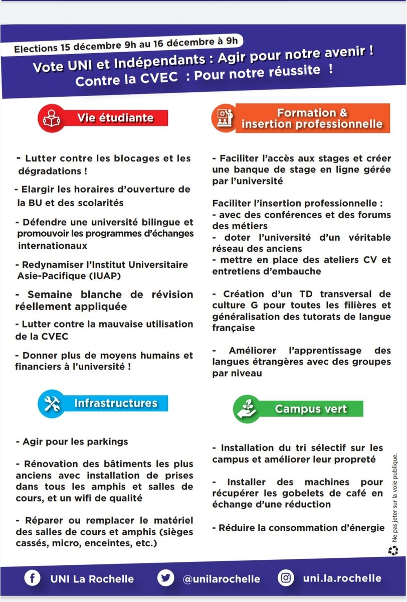 unilarochelle's tweet photo. 🗳 Élection à l'université de La Rochelle du 15 décembre 9h au 16 décembre 9h 🗳

🔴 Dès demain, je vote pour la liste "UNI et indépendants : agir notre pour l’avenir !” 

Voici notre programme ⤵️ https://t.co/XtIhcZmS6V