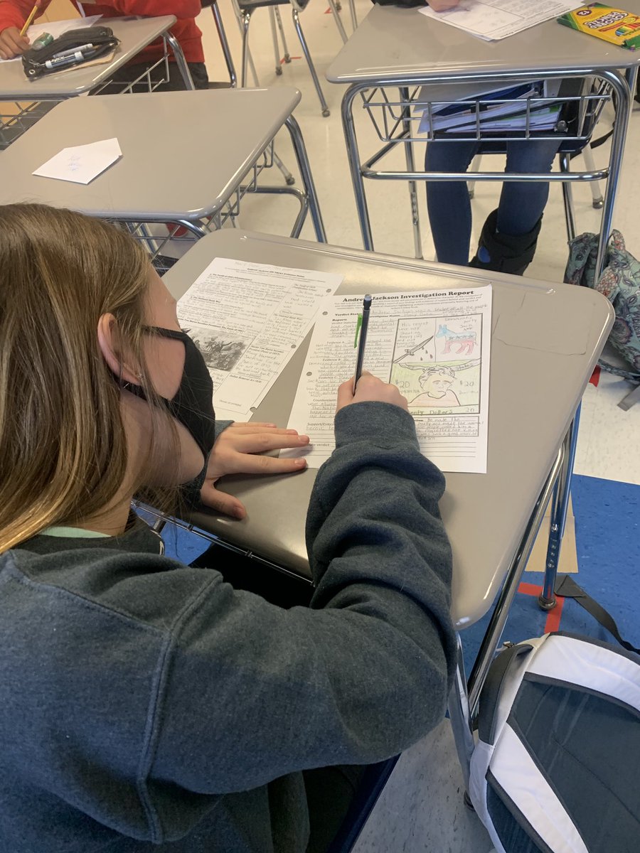 RMSRavens's tweet photo. Mrs. Taylor’s class has been investigating the presidency of Andrew Jackson to determine if he was a champion of the people or guilty of villainous crimes. #Detectives #CitingEvidence #8thGradeUSHistory https://t.co/s7hiizWMP4