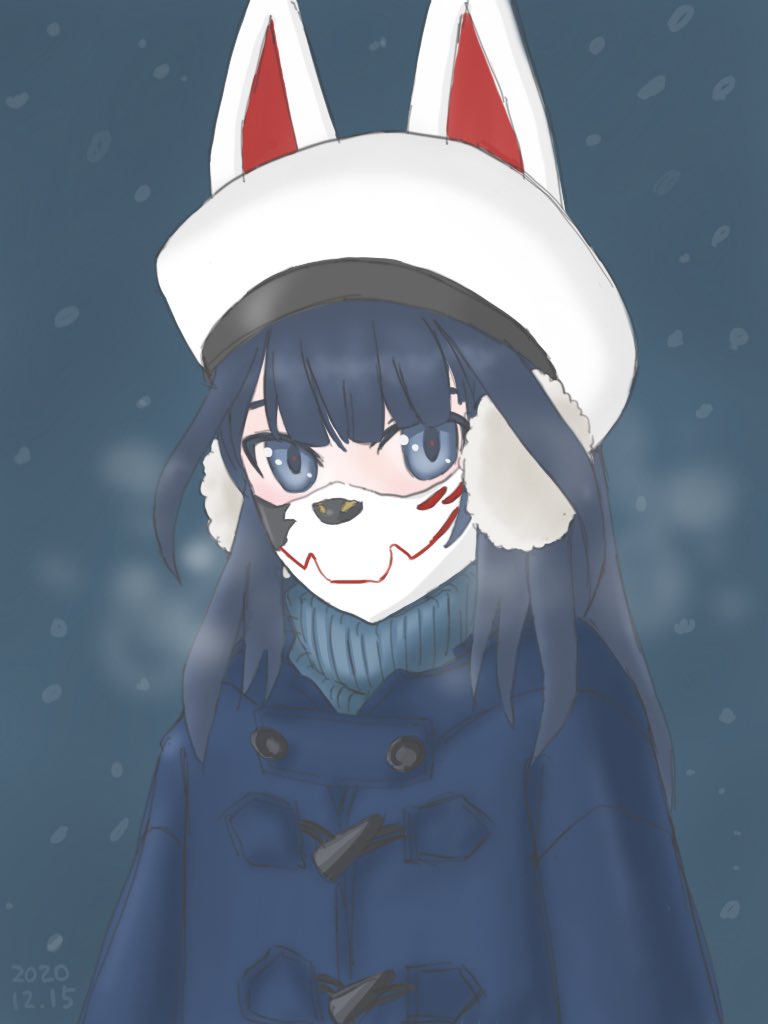 1girl solo mask fox mask black hair snowing long hair  illustration images