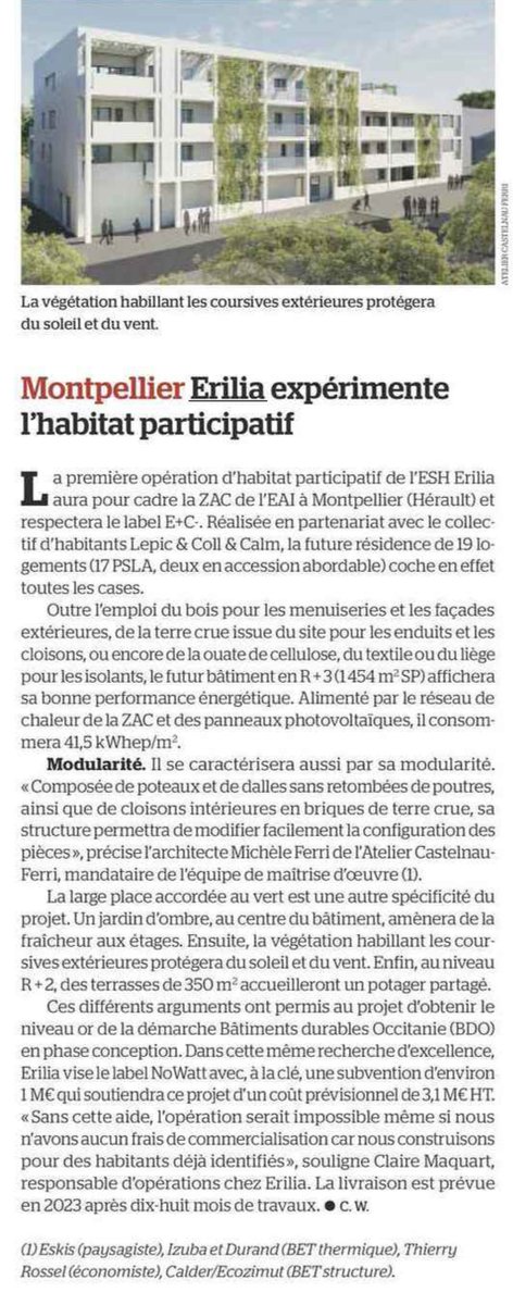 Un projet d'habitat participatif de ESH Erilia à Montpellier sur lequel Ecozimut à collaboré avec Eskis IZUBA énergies et Durand, Thierry Rossel et Calder. Article paru dans Le Moniteur le 20/11/2020.