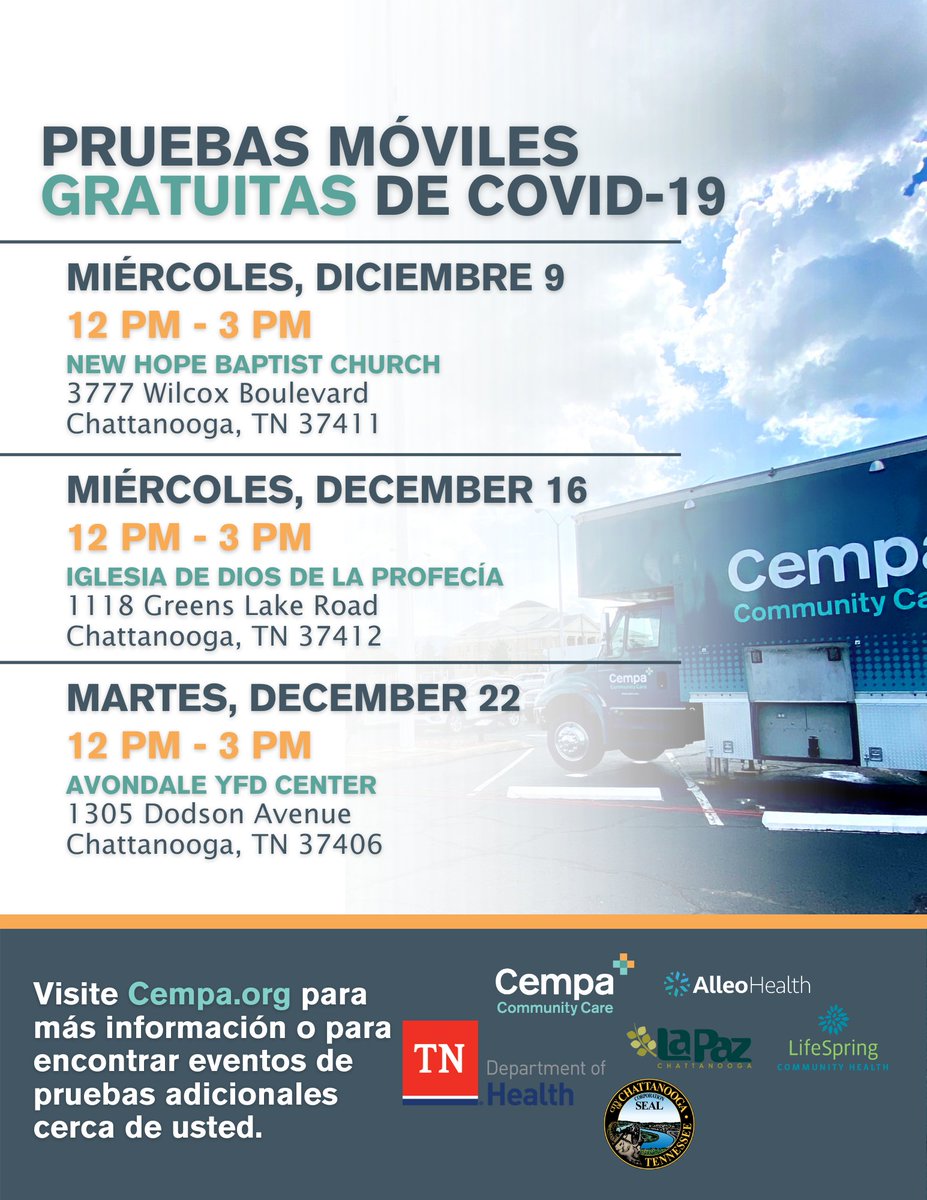 #Chattanooga- Mira los eventos de <a href="/CempaCare/">Cempa Community Care</a> para las pruebas móviles GRATUITAS de COVID-19 durante el mes de diciembre. No hay costo y no se requiere cita. Visite: bit.ly/3qsyTPE  para aprender más