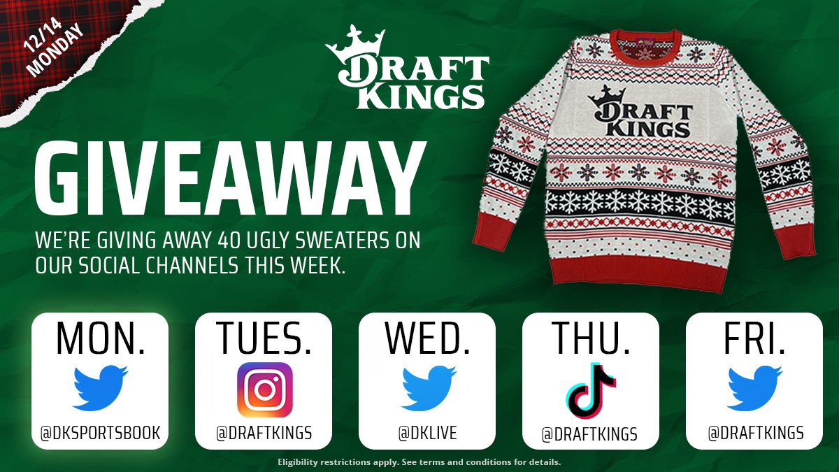 DKSportsbook's tweet image. 🚨GIVEAWAY 🚨

Celebrate this holiday season in style! We&apos;re giving away 8 DraftKings Ugly Holiday Sweaters ⬇️

1️⃣ Retweet this post
2️⃣ Tag a friend in the comments

Ends 12/14 at 11:59 p.m. ET. U.S. residents only. 8 random winners
T&amp;amp;Cs: bit.ly/3820tuv