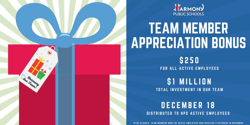 🎁🎄 In appreciation of the extraordinary work by our Harmony team members throughout 2020, this weekend the Harmony Public Schools Executive Board unanimously approved a one-time $250 holiday bonus for all Harmony active employees.