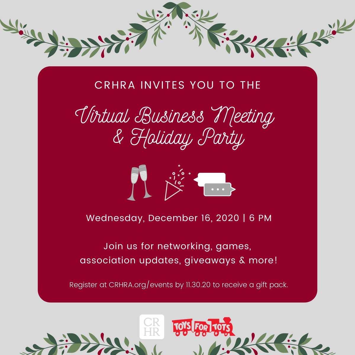 Join us for #virtual #networking, #giveaways, and #celebration! This is a great opportunity to catch up with friends &amp; colleagues and make new connections during the festive holiday season.
crhra.org/index.phpoptio…

We are also participating with #toysfortots again this year!