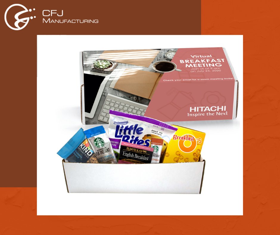 CFJMFG's tweet image. A unique way to stay even more connected during a virtual meeting! The Breakfast Meeting in a Box has everything they need to start the day – and more! Send it before your meeting and include your invite on the artwork. The creative possibilities are endless!