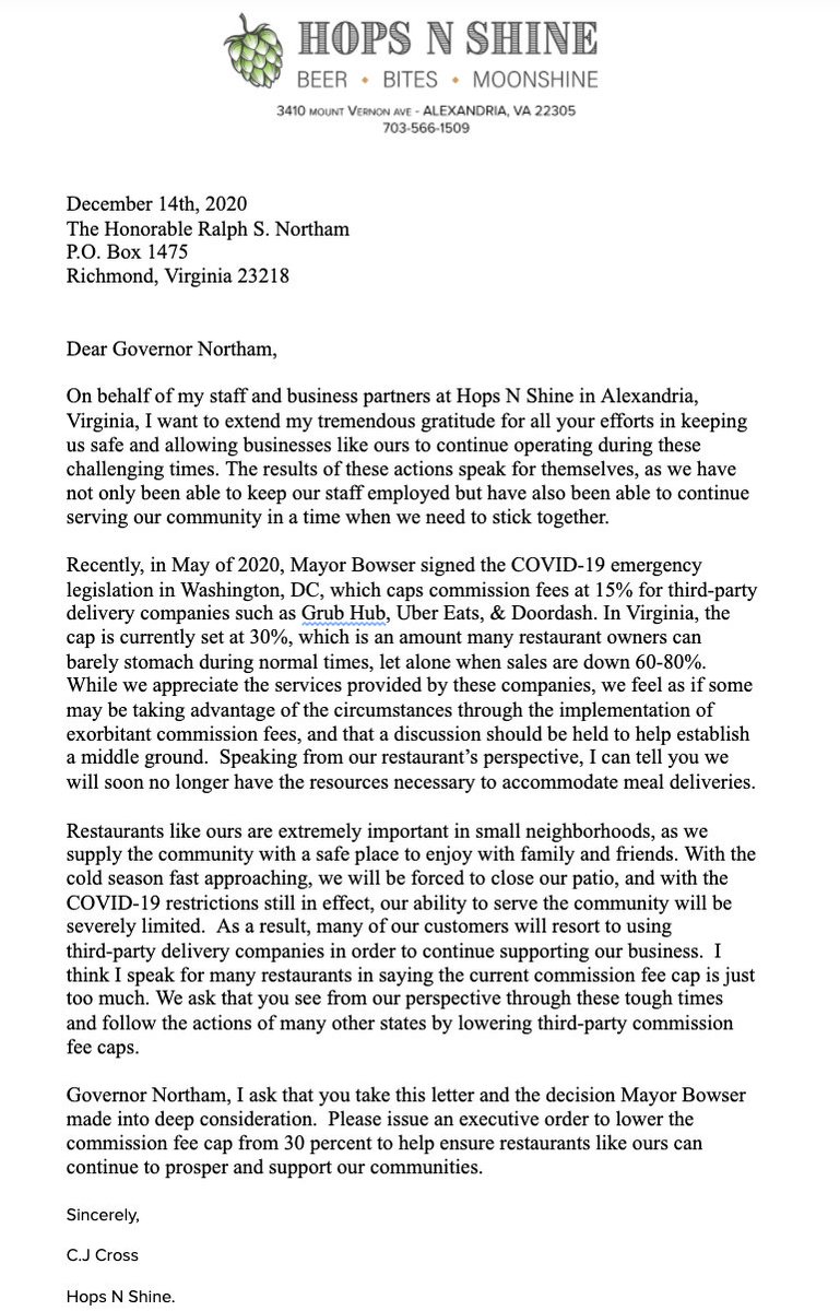 hopsnshine's tweet image. @GovernorVA VA's commission cap is currently 30%. Please help small restaurants like ours and follow DC's decision to cap commission fees at 15% for third-party delivery companies. #savesmallbusinesses