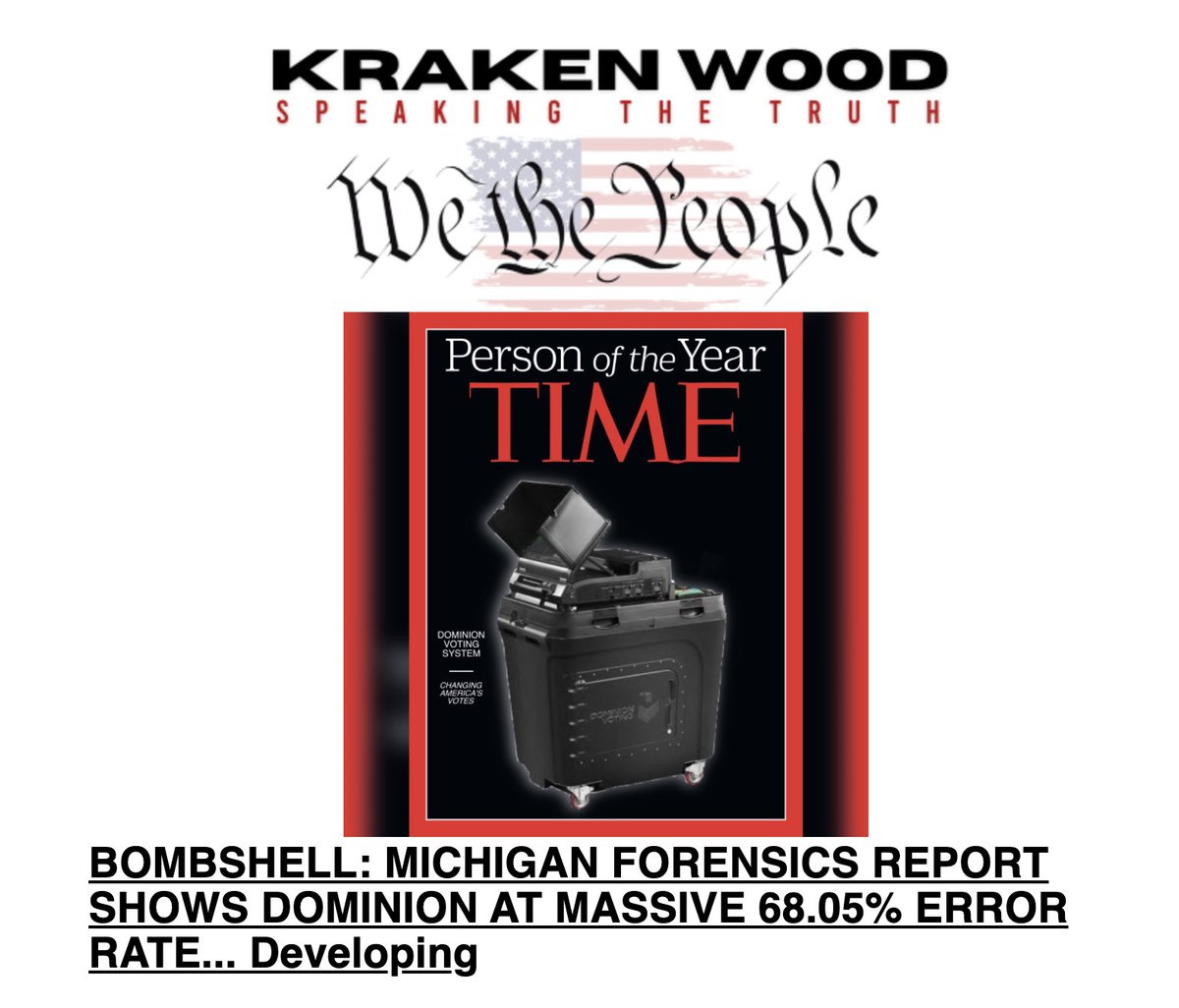 #BREAKING Bombshell forensic report on #Michigan machines proves fraud we all saw happen, invalidates #Biden &amp; #Soros secretary of states' claims.
#ElectionFraud rampant
#TrumpWon
Go to #Kraken-Wood
Banned by Twit!
Also SidneyPowell.com 
DefendingTheRepublic.org to help
