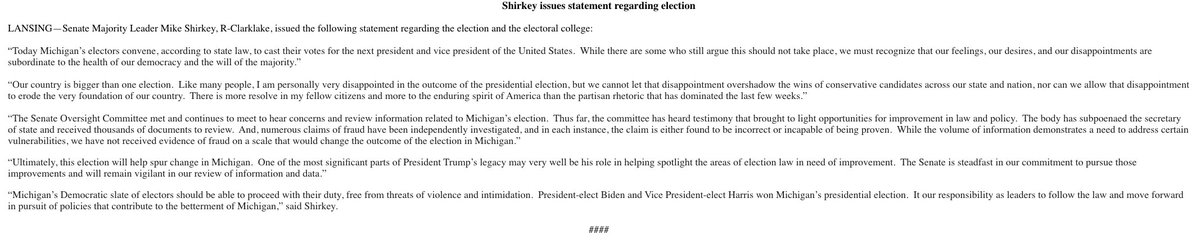 NEW: Michigan's Senate leader, Republican Mike Shirkey, says the state's Democratic electors should be able to meet free of intimidation or violence."Our feelings, our desires, and our disappointments are subordinate to the health of our democracy and the will of the majority."