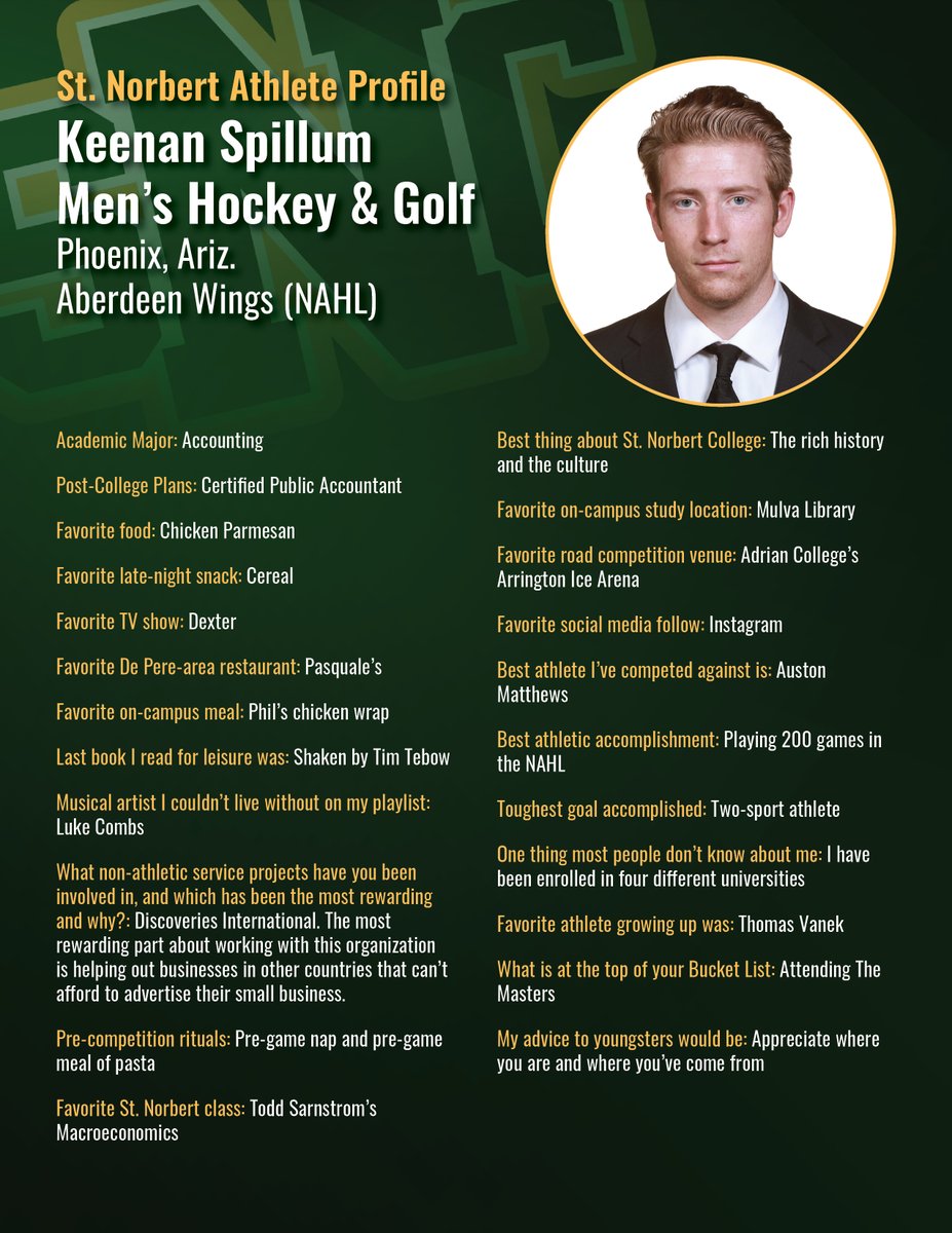 sncathletics's tweet photo. St. Norbert College Student-Athlete Profile: Men's Hockey - Keenan Spillum - Jr. - Phoenix, Ariz./Aberdeen Wings (NAHL) https://t.co/DlgXfSBgx1