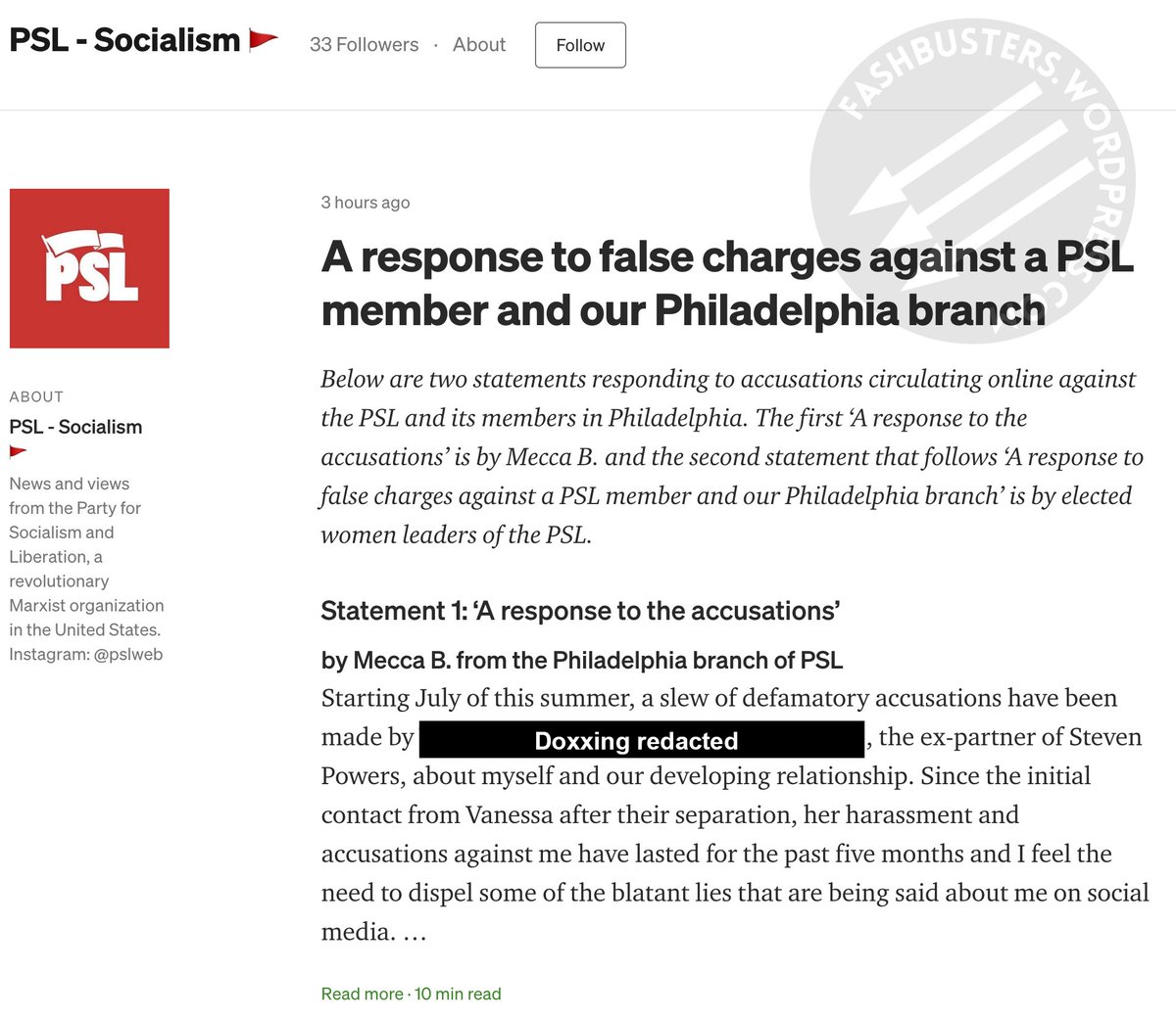 In today's episode of "PSL defends rapist Philadelphia PSL member Steven Powers," PSL created a Medium account just to doxx the survivor. https://fashbusters.wordpress.com/2020/10/17/party-for-socialism-and-liberation-philadelphia-metoo-resignation-letter/ https://medium.com/@pslweb 