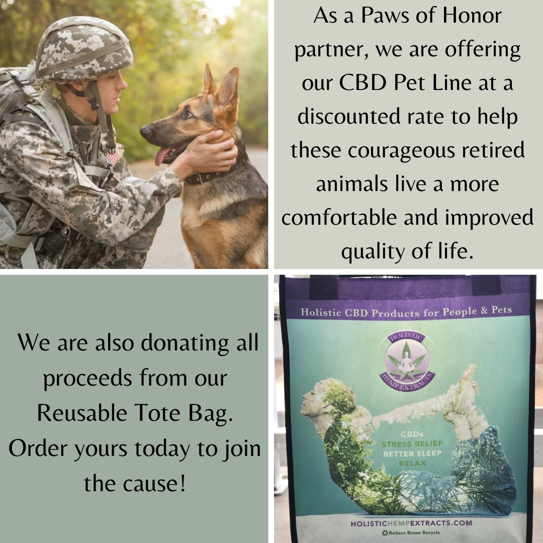 It's the season of giving! All of the proceeds from our Reusable Tote Bag go to Paws of Honor. So head over to our website and join the cause!❤️💙

#cbd #cbdoil #cbdfordogs #cbdhealth #cbdwellness #pawsofhonor #retiredk9 #holistichempextracts... instagram.com/p/CIyVP7QJILM/…