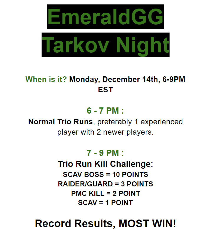 EmeraldDiscord's tweet photo. Tonight in EmeraldGG, we are having an Escape from Tarkov Community Night!! Everyone is welcomed to join in on the fun! New or experienced players. This is for fun &amp; to encourage you to make new Tarkov friends!

This is hosted by @genooo.
Discord invite in the comments! https://t.co/6svwW6zFTd