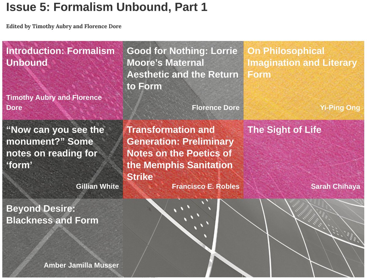 Post_45's tweet image. Issue 5, Part 1
FORMALISM UNBOUND
ed. @taubrybaruch &amp;amp; @Florence_dore 

Articles by
@Florence_dore 
Yi-Ping Ong
@GillyWhite8 
@franciscondine 
@sarahchihaya 
Amber Jamilla Musser

post45.org