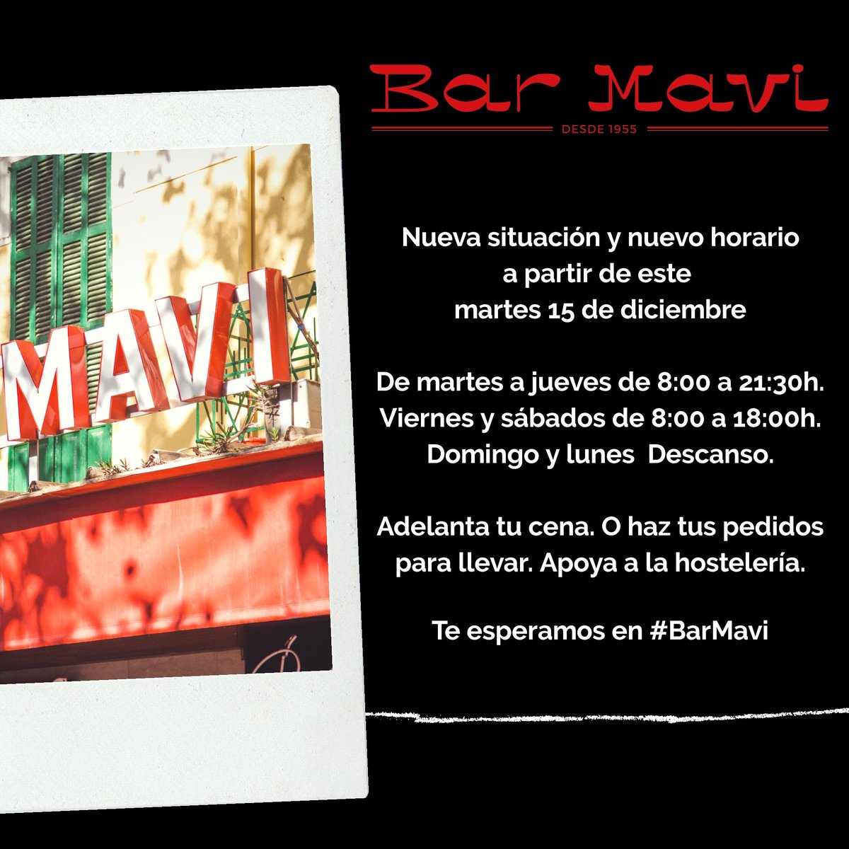 barmavi's tweet photo. 📣 A partir de mañana adecuamos nuestro horario a la nueva normativa. 
Os recordamos que a partir del jueves sólo se podrá consumir en la terraza. 
Te esperamos en #BarMavi https://t.co/Cmmk23eBVp