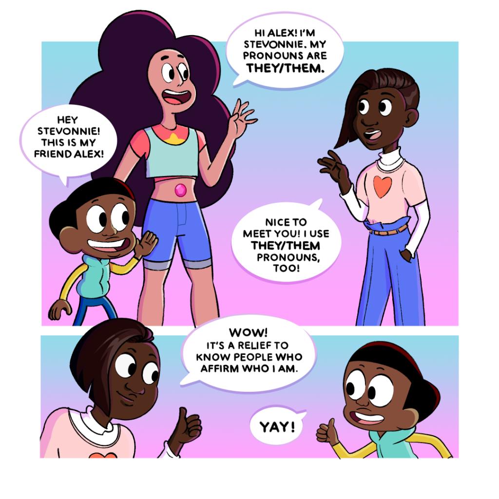 cartoonnetwork's tweet image. Here's to not only normalizing gender pronouns, but respecting them, too 💖 Whether you use he/she/them or something else, we acknowledge and LOVE you! Toolkit 👉 cartn.co/NBJCToolKit

🎨: Steeeeevn/Instagram

#Pronouns #YYAAC #NBJCOnTheMove #LetsGetFree #CartoonNetwork