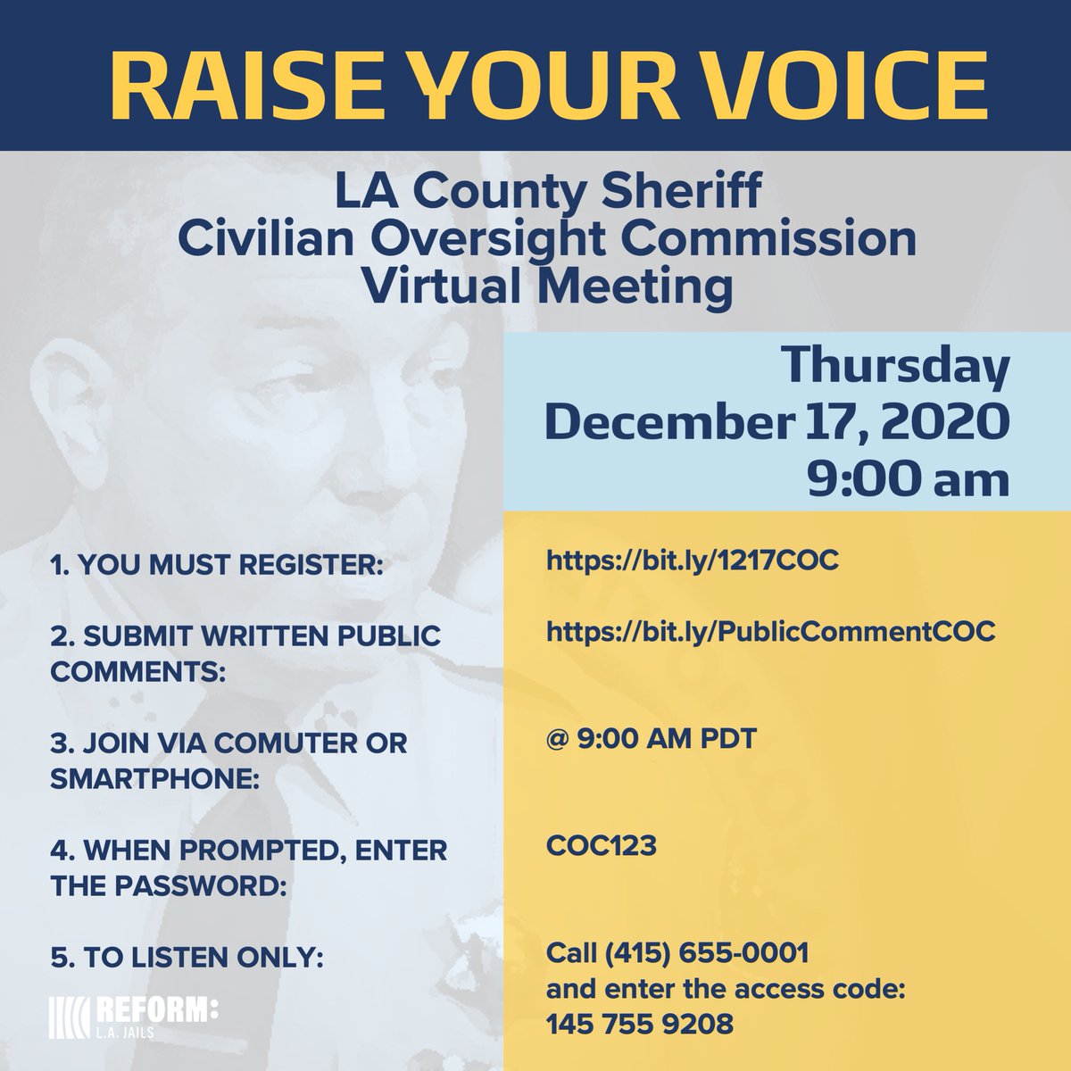 📢 ACTION ALERT TODAY!! 📢

🚨 Submit public comment to the <a href="/CountyofLA/">Los Angeles County</a> Civilian Oversight Commission! 

Find the toolkit at: bit.ly/coc1214