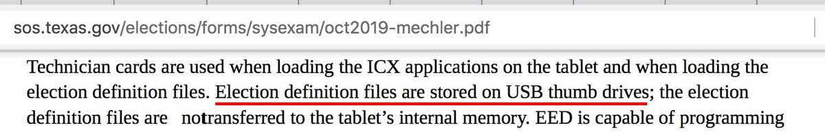 Ramsland "one [USB] contained the software package used to tabulate election results on [3 Nov] other was programmed [6 Nov] with a different software package which yielded significantly different voting outcomes"FALSENo tabulation software on USBs https://www.sos.texas.gov/elections/forms/sysexam/oct2019-mechler.pdf4/
