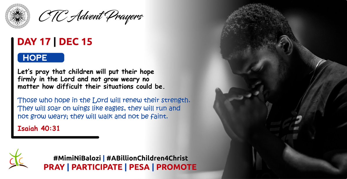 unclepaulsark's tweet photo. Welcome to #Day16 of the #CTCAdventPrayers
Today let's pray that our children's faith will be anchored in God and that their hope will remain unwaivered through each day. Thank you for praying.
#MimiNiBalozi || #ABillionChildren4Christ https://t.co/eJVwpLyVAx