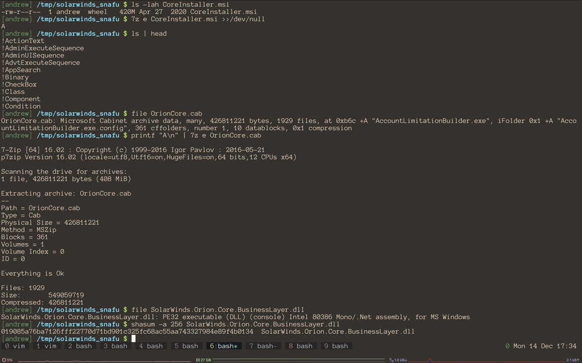 Andrew___Morris's tweet photo. Hmm not to be a wet blanket or anything but I literally just downloaded the infected installer from the Solarwinds website and extracted the installer/various CABs and found that the backdoor'd DLL is definitely still contained in the installer on the website literally right now https://t.co/4ijMJr54WK