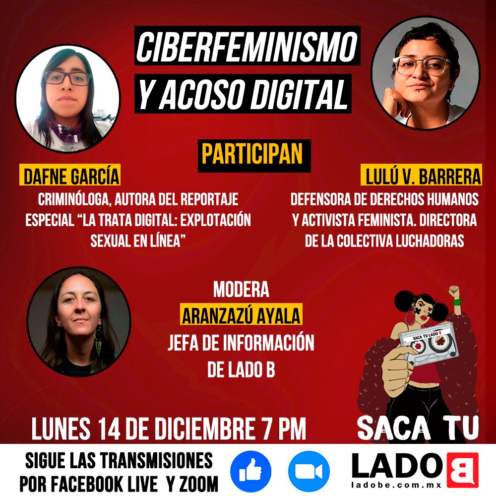 LuchadorasMX's tweet photo. "#EsVirtualEsReal🤳 Hoy conversaremos sobre Ciberfeminismo y acoso digital en @ladobemx 📢 ¡no te lo puedes perder!
Únete a la charla con @aranhera, Dafne García y @lulifera
👩💻https://t.co/3c7jXa6oCd
📅Hoy | ⏰7:00 pm | 🔴FBLive @ladobemx " https://t.co/hs3YXq2Tyq