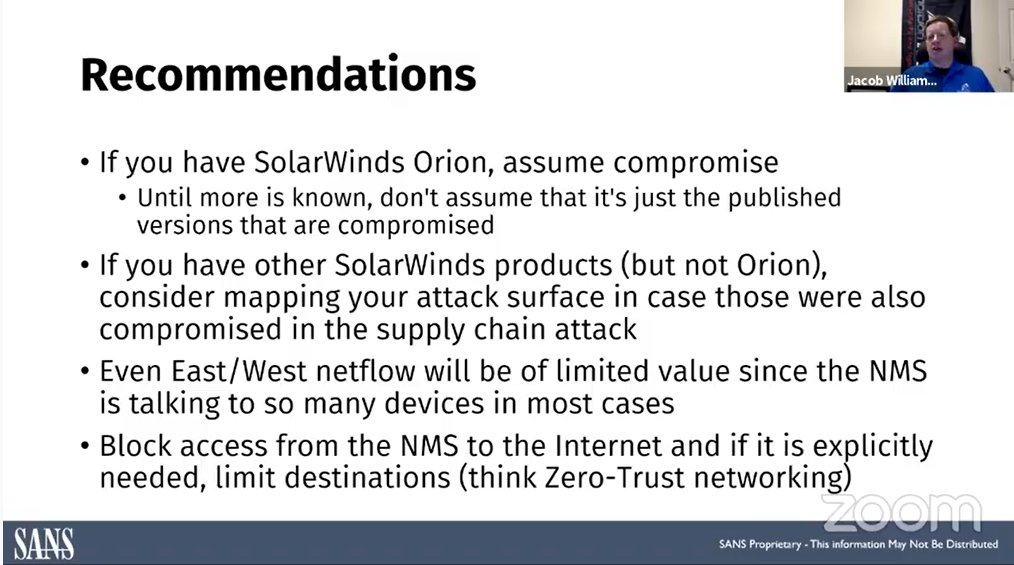 Recommendations  #SolarWinds  @SANSInstitute Webcast with  @MalwareJake  #CTI  #threatintelligence If you have SolarWinds Orion assume you are compromised.