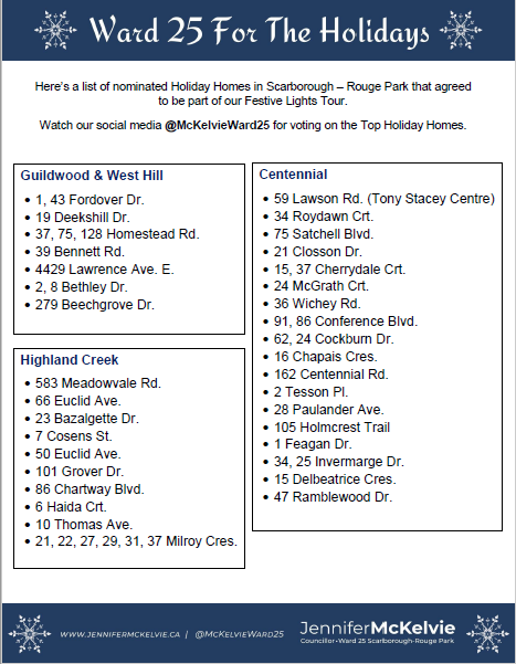 mckelvieAJAX's tweet photo. Forget about Whoville! We're celebrating #Ward25ForTheHolidays! Take a tour of our 100 Holiday Homes in #ScarbTO – Rouge Park and your heart is sure to grow more than "three sizes that day!" Print the list at this link: https://t.co/0tUoQ05VvJ #NoGrinchesHere https://t.co/VQO8Tjus1w