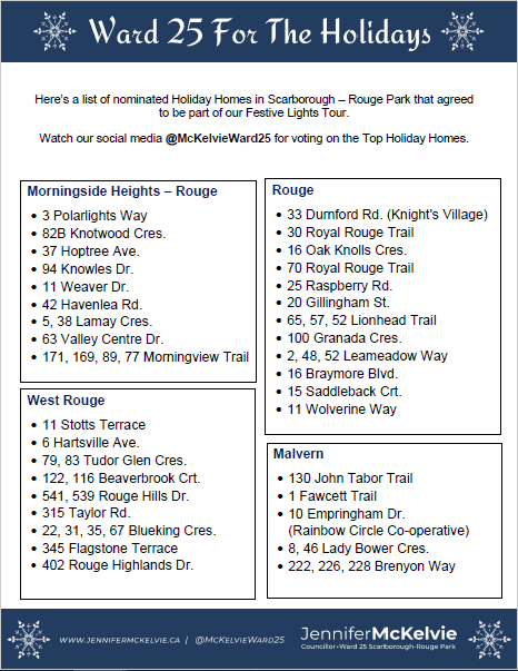 mckelvieAJAX's tweet photo. Forget about Whoville! We're celebrating #Ward25ForTheHolidays! Take a tour of our 100 Holiday Homes in #ScarbTO – Rouge Park and your heart is sure to grow more than "three sizes that day!" Print the list at this link: https://t.co/0tUoQ05VvJ #NoGrinchesHere https://t.co/VQO8Tjus1w