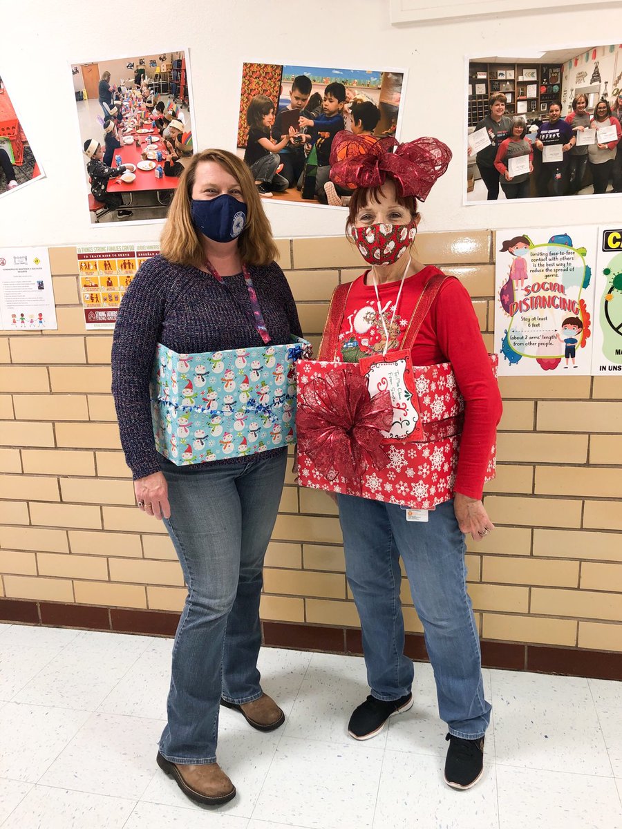 Dress like like a present 🎁 day was fun ⁦<a href="/brookbears/">Brook Village ECC</a>⁩ today! Mrs. Burns and Mrs. Marshall are 2 of our most ‘gifted’ staff 😁 4 more days to go! What will you see tomorrow? 👀 #reasonswhyiloveschool #wrapyourselfintheholiday #iamwfisd